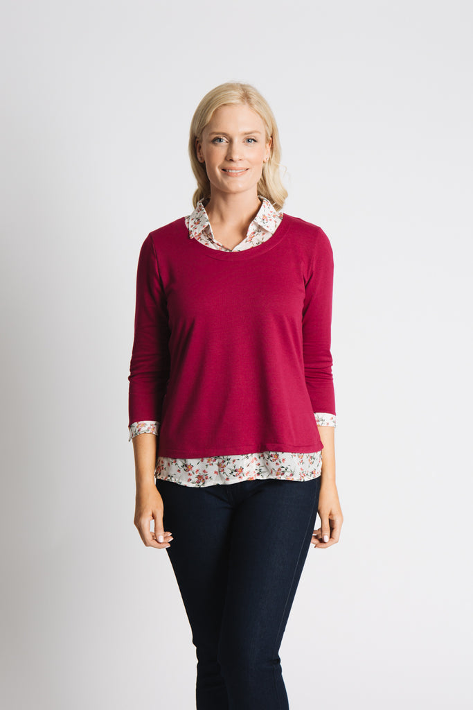 WOVEN COLLAR, CUFF AND HEM TOP