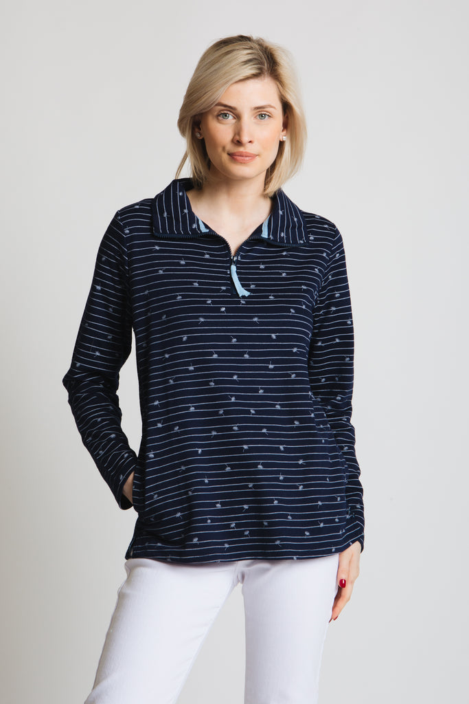 1/2 zip front casual top with our signature Falling dandelion print. long sleeve, regular fit